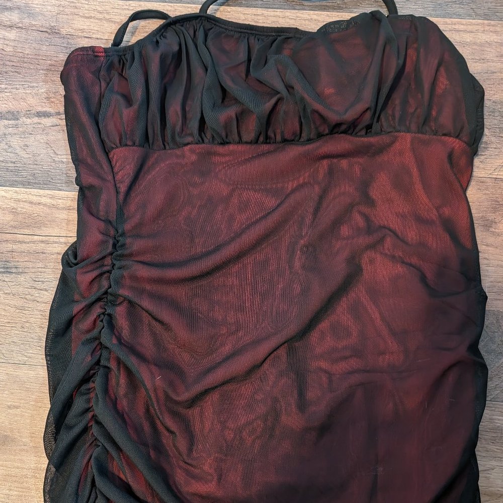 Sexy Bodycon Runched Red/Black Sheer Overlay Goth Dress L